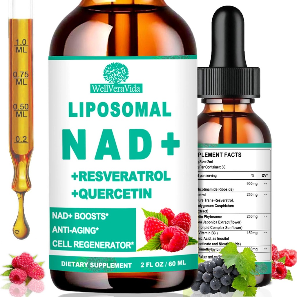 NAD Suplementos para mulheres e homens, lipossomal NAD Nicotinamida Riboside Resveratrol 900mg, TMG, Quercetina, Vitamina B3, líquido orgânico NAD Resveratrol Suplemento para Longevidade, Energia, Antienvelhecimento, Foco