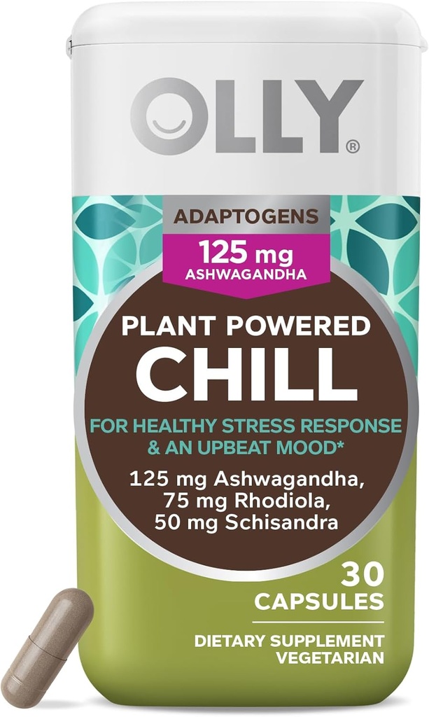 OLLY Chill Adaptogen, Ashwagandha, Suplemento de suporte de humor com raiz de Rhodiola, Cápsulas vegetarianas - 30ct