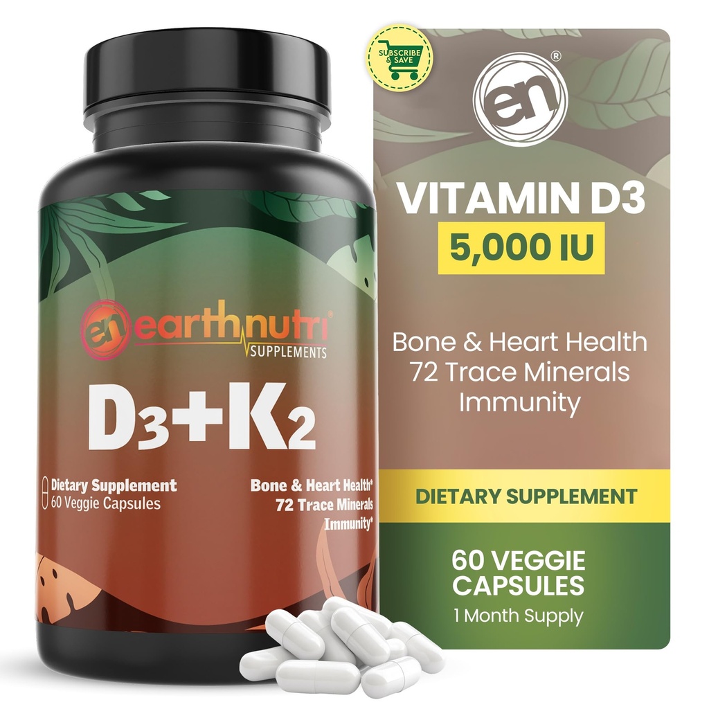 TerraNutri Vitamina D3 K2 Suplemento 5000 UI – Inclui K2 de MENA Q7, D3 de Vitashine, cálcio de Aquamin & 72 Trace Minerals – para Imune, Saúde Óssea e Coração – Não-GMO – 60 Cápsulas Veg