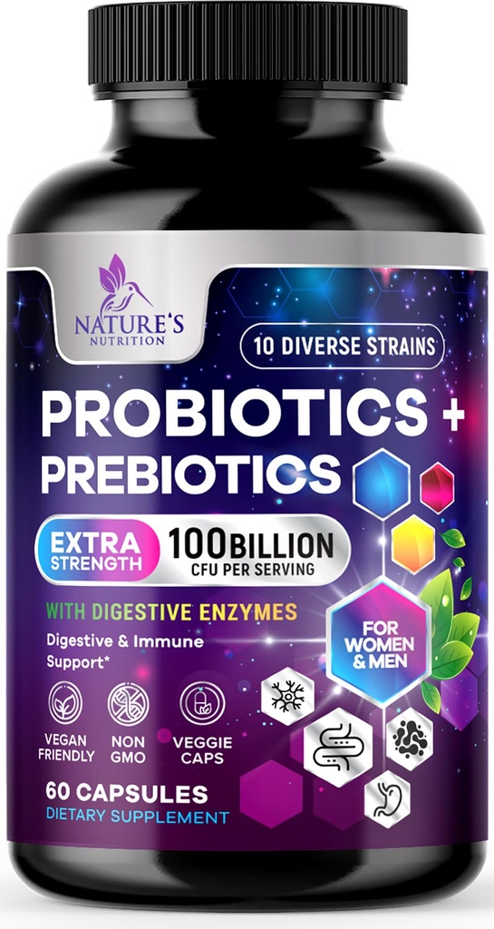 Probióticos para Mulheres e Homens 60 bilhões UFC - 10 Strains com Lactobacillus, Digestive Gut Health Probióticos & Imune Supplement, Suporta Constipação Ocasional, Gás e Bloating - 60 Cápsulas