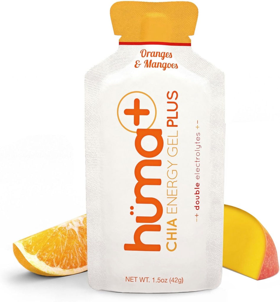 Huma Plus (Eletrólitos Duplos) - Chia Energy Gel, Mango Laranja, 24 Gels - Estômago amigável, Geles de Energia de Comida Real