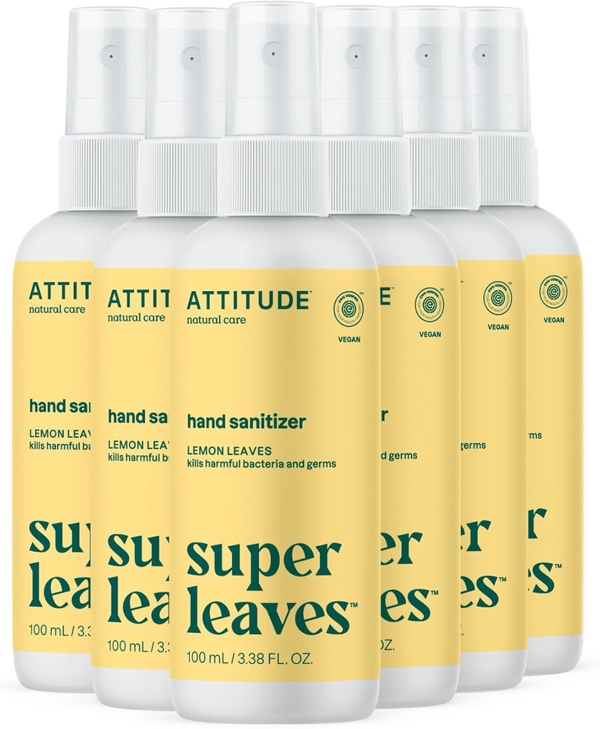 Spray de higienizador de mão ATTITUDE para adultos e crianças, EWG verificado, Mata bactérias e germes, Vegan, Folhas de limão, 3.38 Fl Oz (Garrafa de Spray) (Pacote de 6)