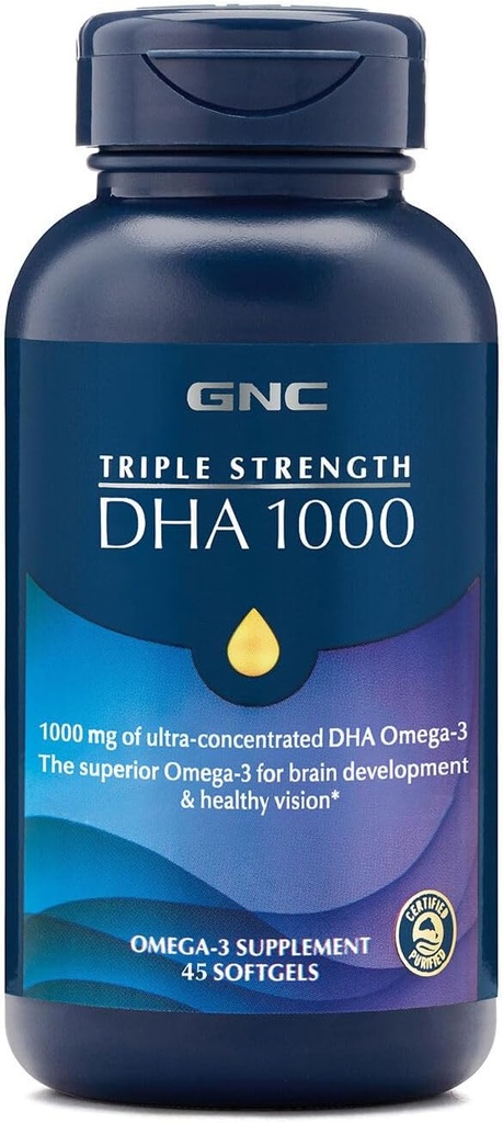 GNC força tripla DHA 1000 Omega 3 Suplemento, 1000mg DHA, apoia o desenvolvimento do cérebro e visão saudável, 45 Softgels