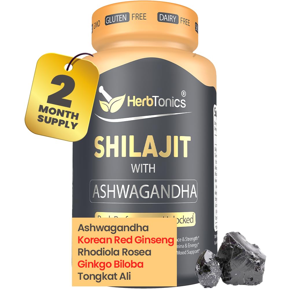 Herbtonics Shilajit para homens e mulheres com Ashwagandha, vermelho coreano Ginseng, Rhodiola Rosea, Ginkgo Biloba, Tongkat Ali □ Ácido Fulvic & Trace Minerals para Stamina & Imunidade