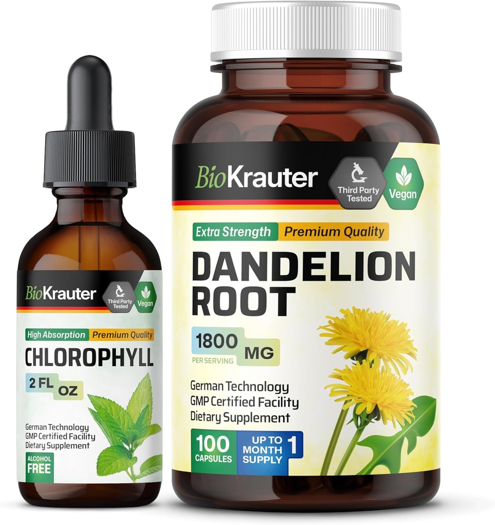 BIO KRAUTER Tintura de clorofila 2 Fl. Oz. & Dandelion 100 Cápsulas