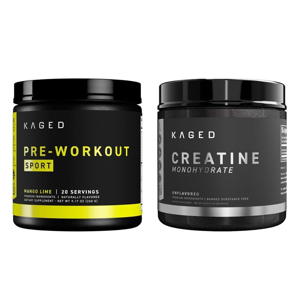 Kage pré-esportivo pré-treino em pó Mango cal Creatina Monohidrato em pó Micronizado Bundle, Energia & Muscle Recovery Supplement Pack, 20 Servings pré-treino + 100 Servings Creatina