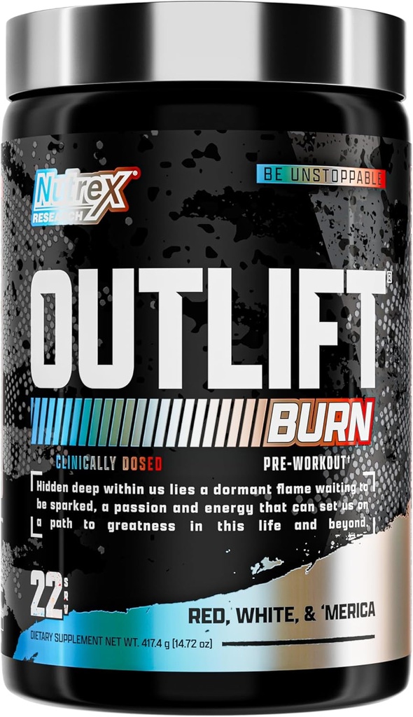 Nutrex Outlift Burn Pre-workout Supplement for Energy, Focus & Endurance (Metabolito, L-Citrulina, Beta-Alanina e Cafeína) Fórmula termogênica para Performance(22 Servings, Red White Merica)