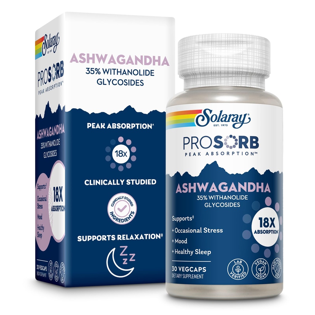 SOLARAY Ashwagandha Cápsulas 18X Absorção - Ashwagandha Raiz e Extrato de Folha 240 mg - Estresse ocasional alívio e suporte de humor Suplemento - Vegan, 60-Day Garantia - 30 Servings, 30 VegCaps
