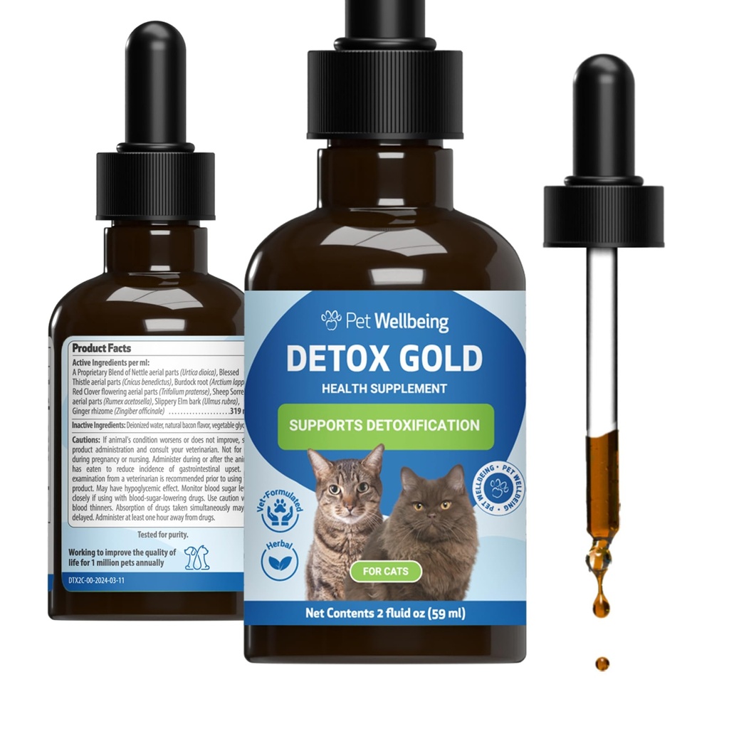 Bem-estar do animal de estimação detox ouro para gatos - Gentil Detoxificação e Eliminação Suporte, Imune Sistema de Cuidados, Nettle, Bem-aventurada cardo, Burdock Root - Veterinária-Formulada Suplemento de ervas 2 oz (59 ml)