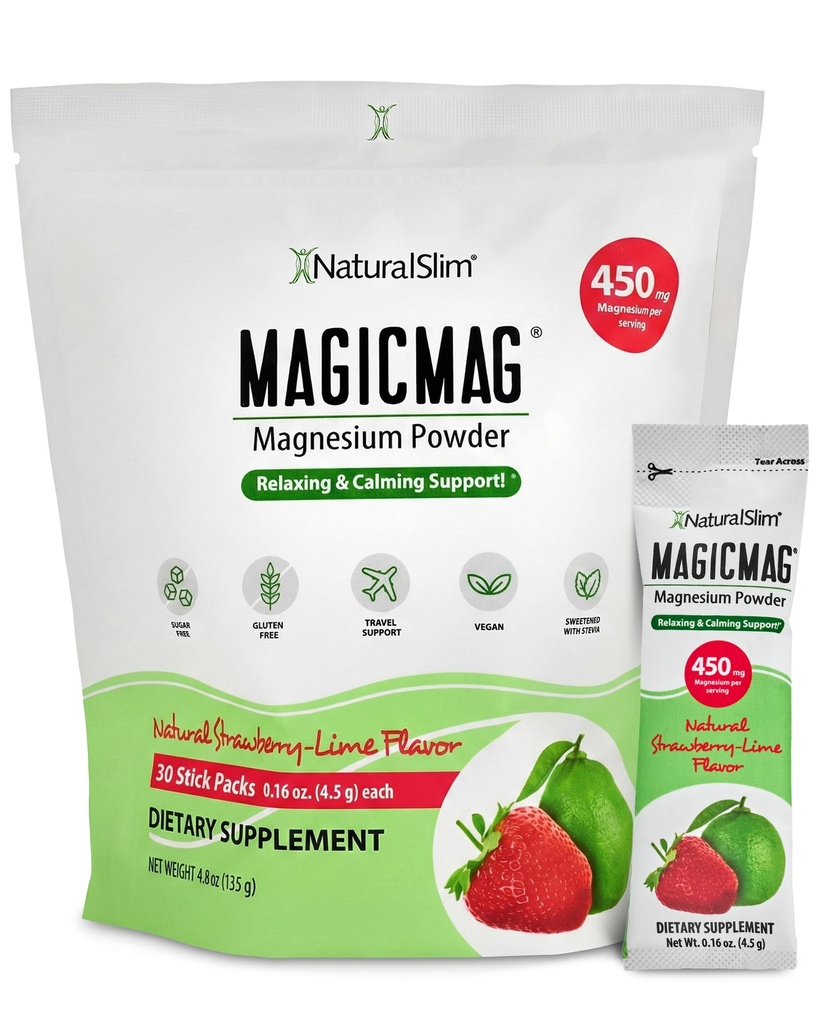 NaturalSlim MagicMag Pacotes de Magnésio 30 Stick Pack Citrato de magnésio em pó – Estresse, Obstipação, Músculo, Saúde do Coração e Apoio ao Sono