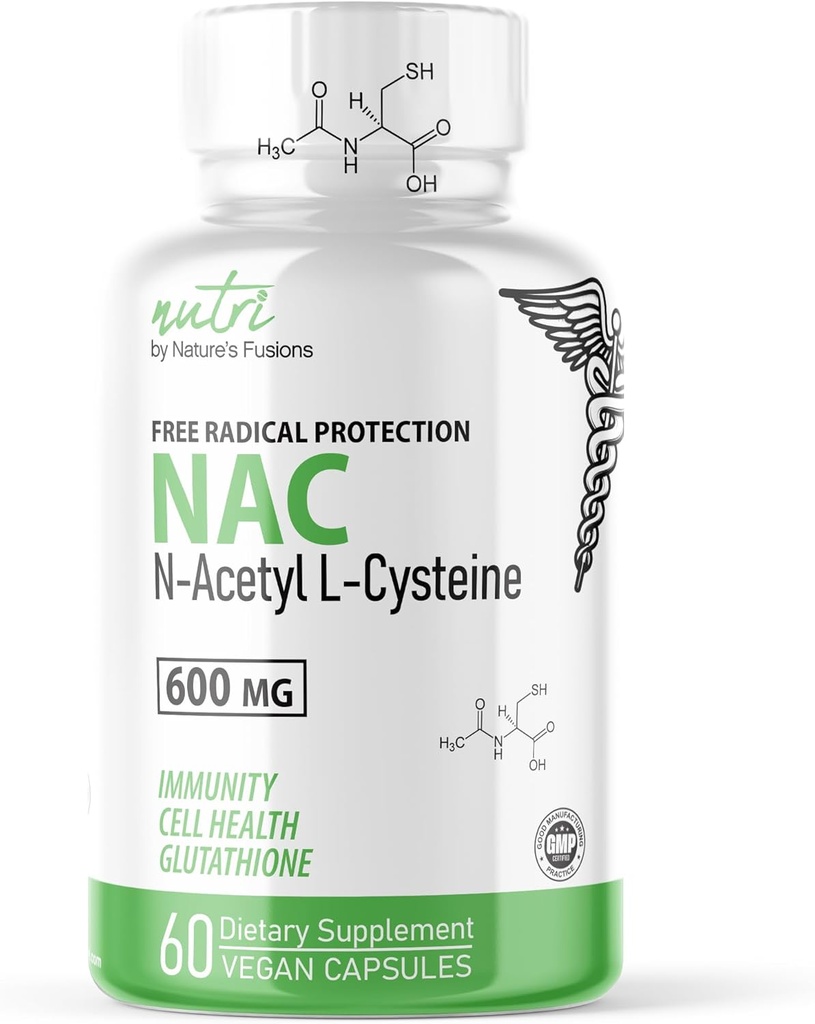 Nature's Fusions NAC Supplement N-Acetil Cysteine - NAC 600 mg - Suplemento Antienvelhecimento, Suplemento Antioxidante, Suporte Fígado e Pulmão, Aumentar a Glutationa - N Acetil Cysteine (60 Cápsulas)
