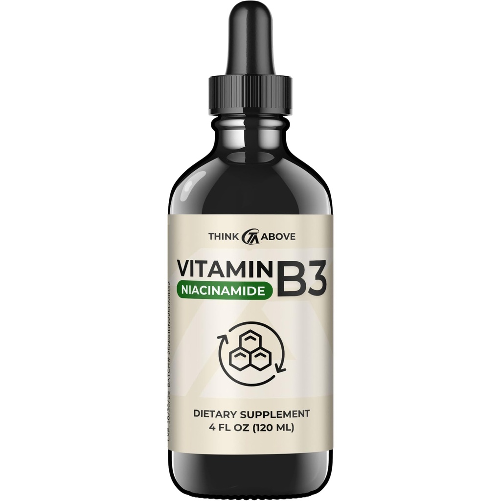 Vitamina B3 Líquida (como Niacinamida) Suplemento - Forma de Niacina Não Flush - Absorção Rápida - Gotas de Niacina Conveniente para Mulheres e Homens - 4 oz (120ml)