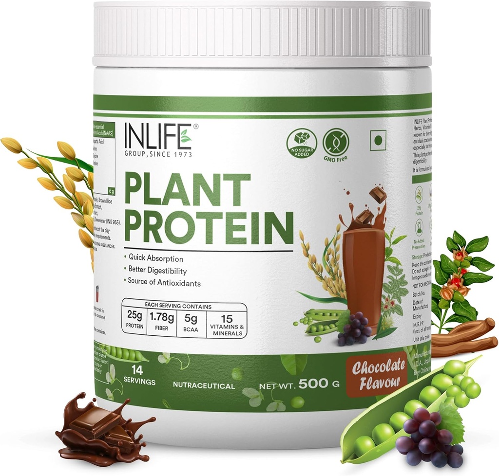 INLIFE proteína vegetal em pó - Ervilha, Quinoa & Arroz Castanho - 25g proteína - Ashwagandha, chá verde e extrato de semente de uva - Suplemento (500 g, Chocolate)