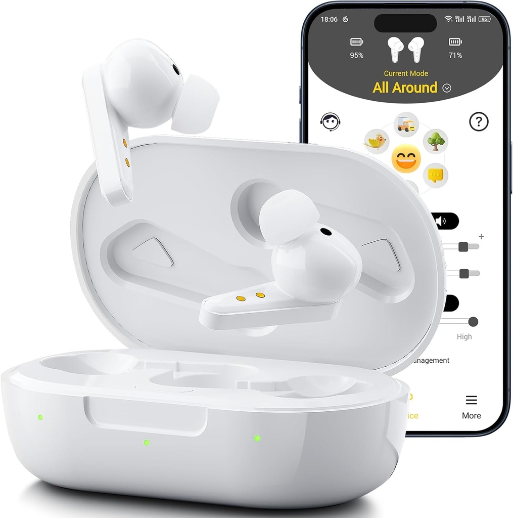 Kingwell OTC Aparelhos auditivos recarregáveis, aparelhos auditivos Bluetooth para idosos com aplicativo inteligente Chamadas habilitadas no iOS / Android, qualidade de som autêntica, 32 DSP cancelamento de ruído de canal