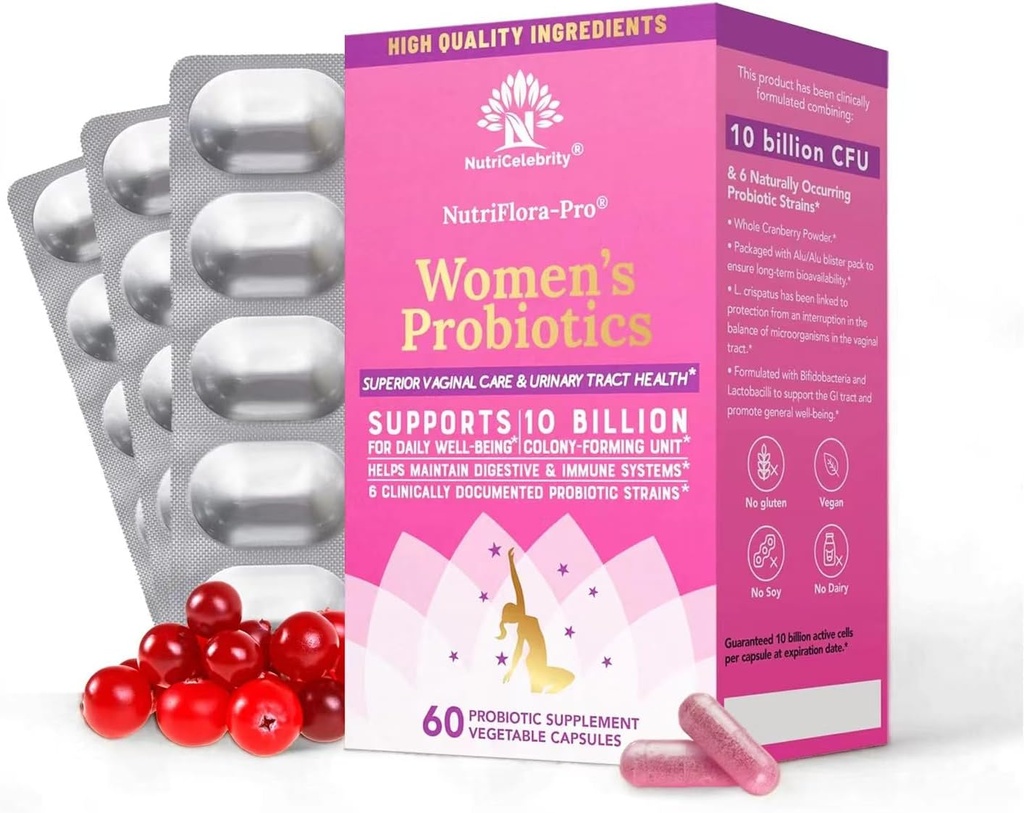 NutriFlora-Pro Probióticos Nutrielebridade para Mulheres - Suporte Vaginal, Saúde Urinária, Sistema Imune Suporte Digestivo do Sistema, Suplemento de Pílulas de Cranberry, 10 bilhões UFC 6 Strains (30 caps) - 2 embalagem
