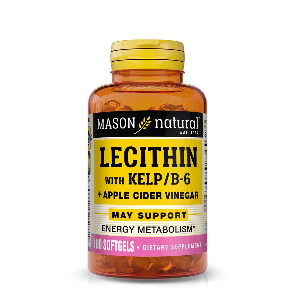LECITINA NATURAL MASON com Kelp, Vinagre Vitamina B6 e Apple Cider, Fórmula de dupla ação, 100 Softgels