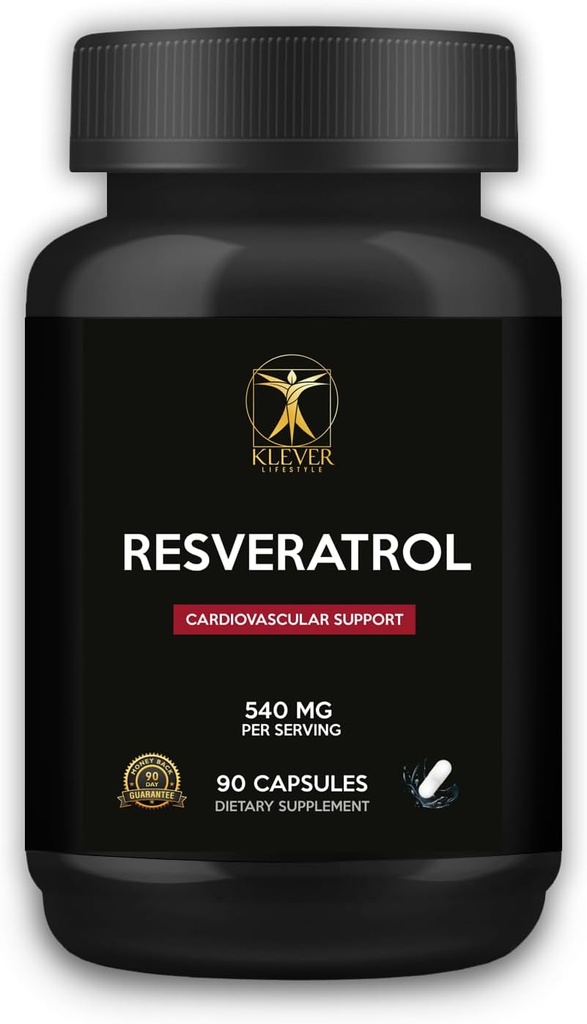Klever Estilo de vida . Resveratrol Antioxidante Suplemento . Suporta função imune, longevidade, envelhecimento saudável .. 90 Cápsulas .. 540mg por serviço