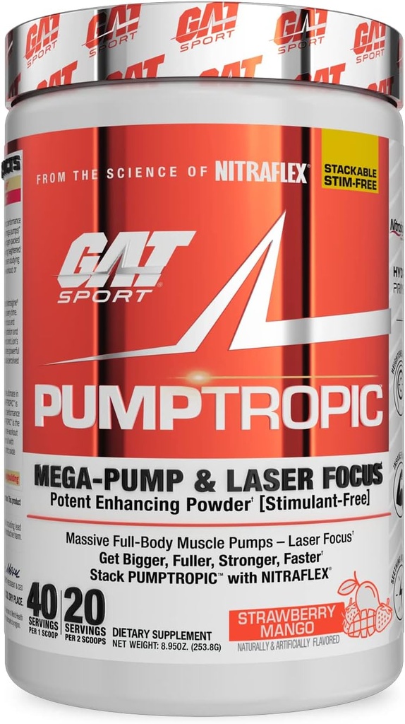 GAT Sport Pumptropic Mega-pump & Laser Focus Potente Melhorando Pó (Stimulant-Free), 40 Servings (Strawberry Mango)