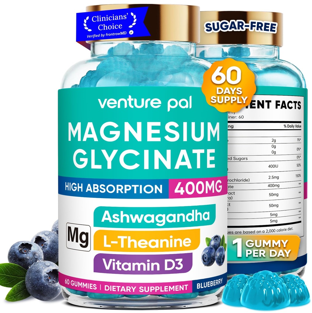 60 dias de fornecimento de magnésio Glicerinato 400mg Gummies com Ashwagandha, L-Theanina, CoQ10, Vitamina D3 & B6, Pastilhas de magnésio livre de açúcar para adultos e crianças, alívio de estresse, sono & calma, Vegan, Glúten livre