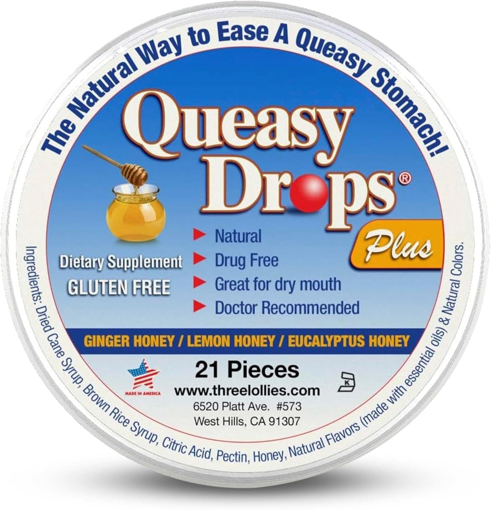 Três Lollies Queasy Drops Plus - Lozenges com Pectin & Honey para acalmar uma boca seca - aliviar náuseas e doença de movimento - Natural - 21 ct