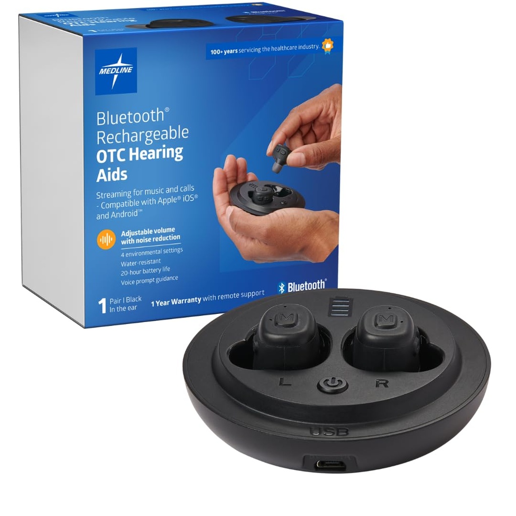 Medline Bluetooth Recarregável OTC Aparelhos auditivos, in-the-ear, 4 configurações ambientais, resistente à água, volume ajustável, leve a moderada perda auditiva, redução de ruído, aparelhos auditivos earbud