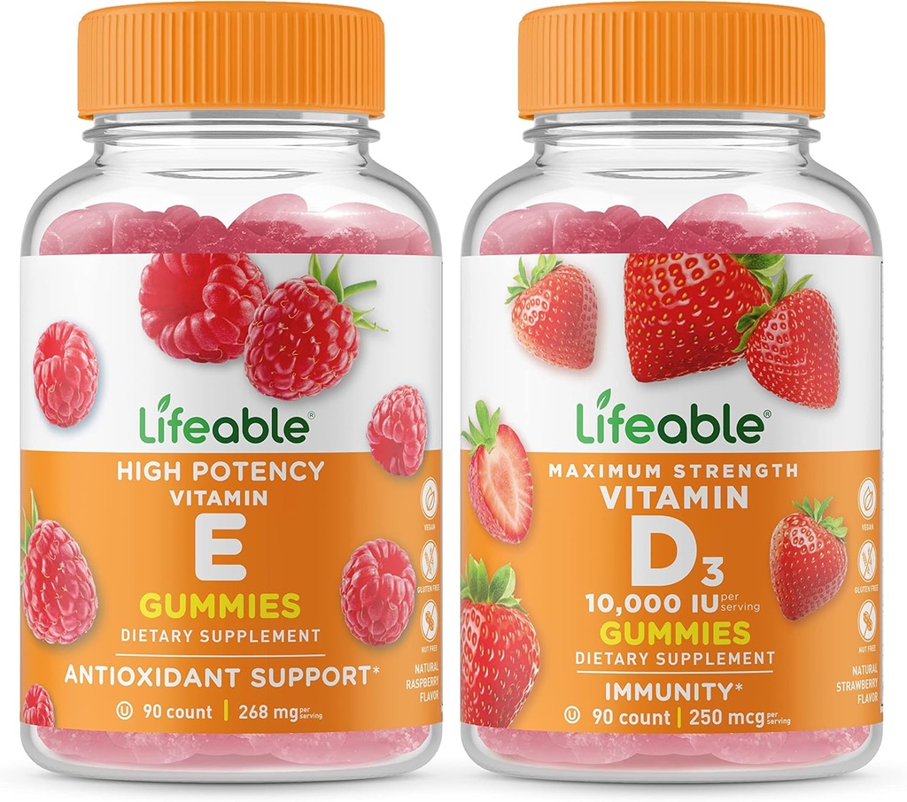Vitamina E viva + Vitamina D 10000 UI, Gummies Bundle - Grande degustação, Suplemento Vitamina, Sem glúten, GMO livre, chiclete mastigável