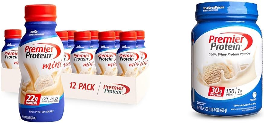 Premier Protein Shake MINIS Vanilla 22g Protein 120 Pacote de calorias de 12 & pó Baunilha Milkshake 30g Protein 17 Servings 23.3 Onças