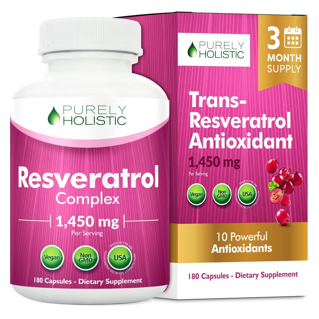Puramente Holistic Resveratrol 1450mg, 90 Servings, Trans-Resveratrol Antioxidante Suplemento com Vitamina C e Complexo de Polifenol, 180 Cápsulas Vegan