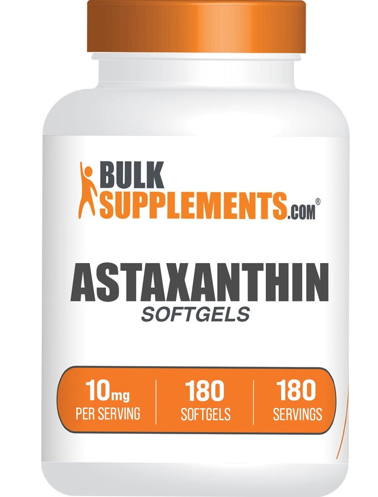 BulkSupplements.com Astaxantina Softgels - Suplementos Astaxantina, Antioxidante Fonte - Gluten Free, 1 Softgel por serviço (10mg), 180 Contagem (Pacote de 1)