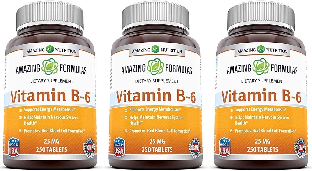 Fórmulas surpreendentes Vitamina B6 Piridoxina 25mg 250 Comprimidos Suplemento