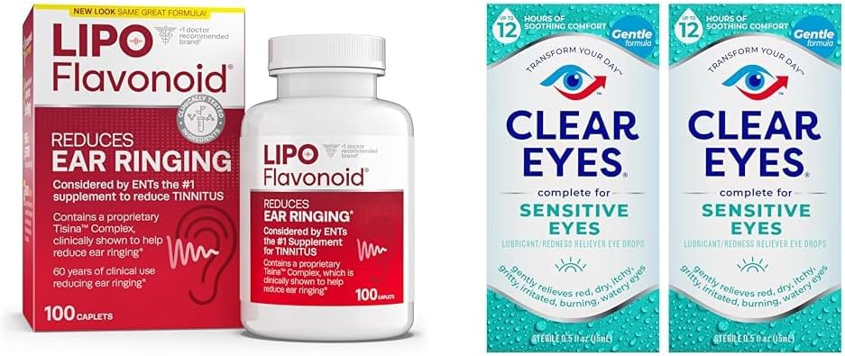 Lipo-Flavonóide Alívio ao zumbido Saúde do ouvido Vitaminas 100 Caplets e Olhos claros gotas sensíveis do olho 0,5 Oz 2 Pacote