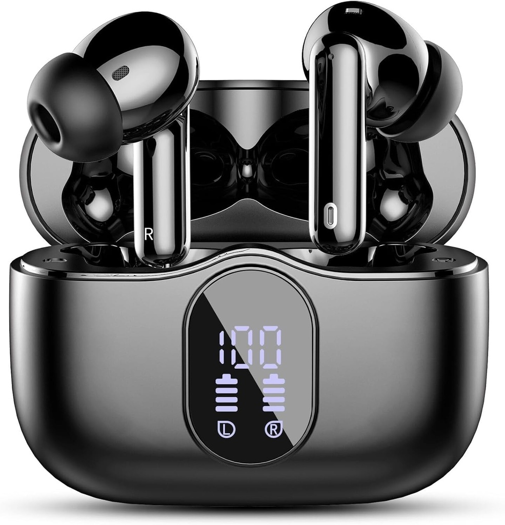 Earbuds sem fio, Bluetooth 5.4 Auscultadores Baixo Stereo, Orelha Buds com ruído Cancelar Mic Display LED, IP7 Impermeável em Earphones, 36H Playtime para Laptop Pad Phones Sports Workout, Preto