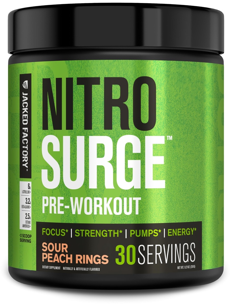Fábrica Jacked NITROSURGE Pre Treino Suplemento - Energia sem fim, Ganhos de força instantânea, Foco Limpo, Bombas Intensas - NO Booster & Powerful Pré-treino Energia Pó - 30 Servings, Anéis de pêssego azedo