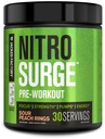 Fábrica Jacked NITROSURGE Pre Treino Suplemento - Energia sem fim, Ganhos de força instantânea, Foco Limpo, Bombas Intensas - NO Booster & Powerful Pré-treino Energia Pó - 30 Servings, Anéis de pêssego azedo