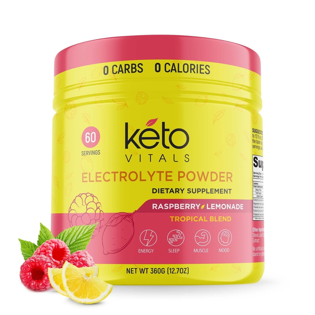 Keto Vitals Eletrólitos em Pó - Açúcar Livre Keto Eletrólitos em Pó com Potássio, Magnésio, Sódio e Cálcio - Sem Açúcar Eletrólito Drink Mix & Hydration Powder, 60 Servings, Limonada de Framboesa