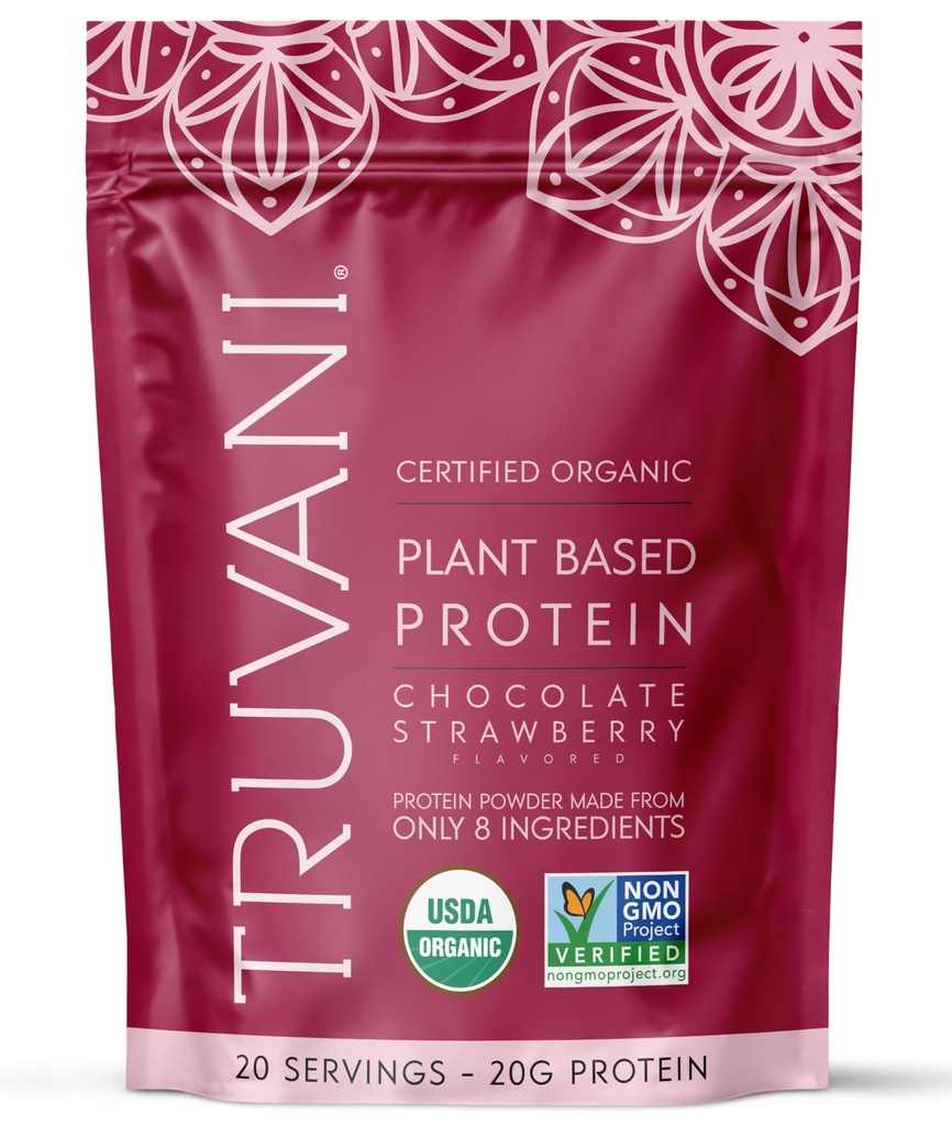 Truvani Vegan proteína de ervilha em pó, chocolate morango, 20g de proteína baseada vegetal orgânica, 20 Servings, Keto, Gluten & Dairy Free, baixo carboidrato, não adicionado de açúcar