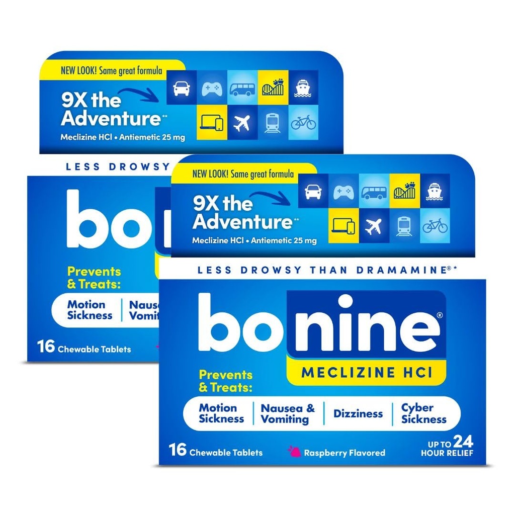 Bonine Non-Drowsy Motion Sickness Alief - 32 Tablets mastigáveis com Meclizine HCL 25mg - Medicina Não Drowsy para Náusea ou doença de movimento - Essencial de cruzeiro - Framboesa Flavor