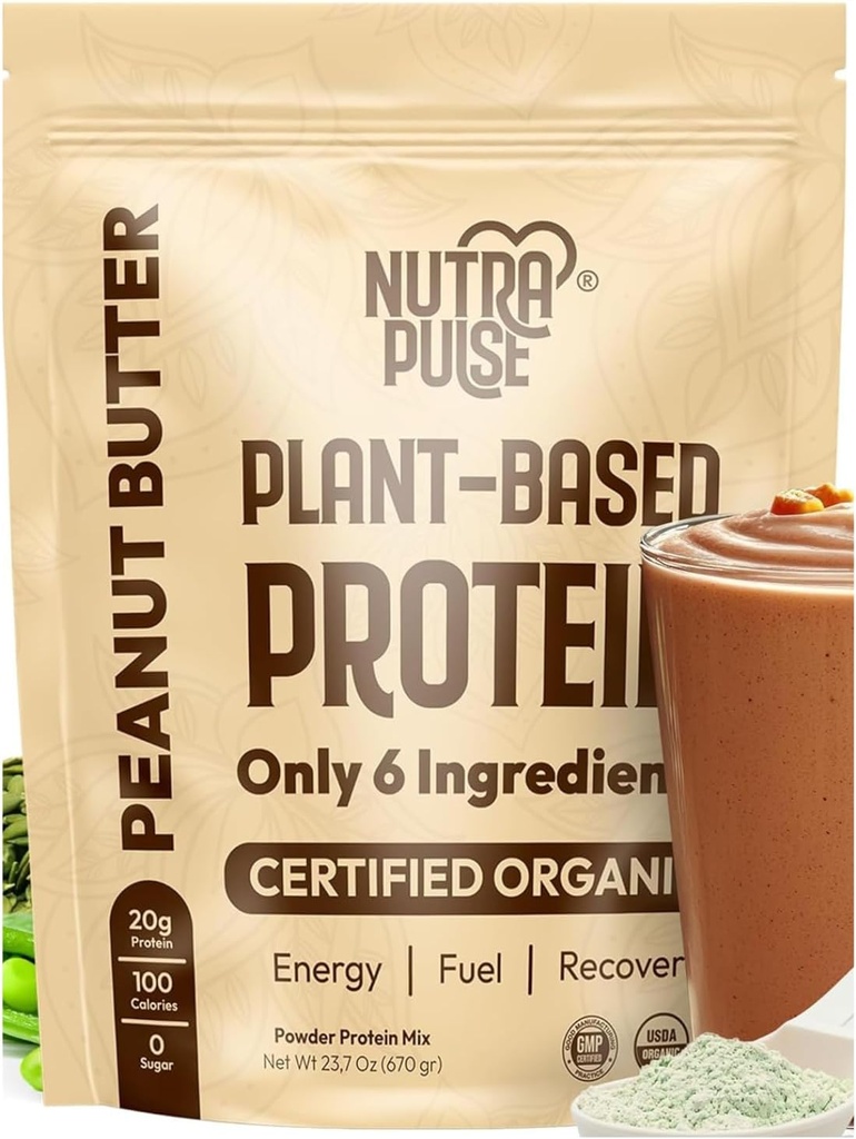 Proteína Vegan orgânica em pó – Aroma de manteiga de amendoim, Baseada em plantas, Sem glúten, Não-GMO, Sem soja, 20g de proteína por serviço, Ideal para smoothies, Shakes, Cozimento, Cozinha (1 Pack, 20 Servings)