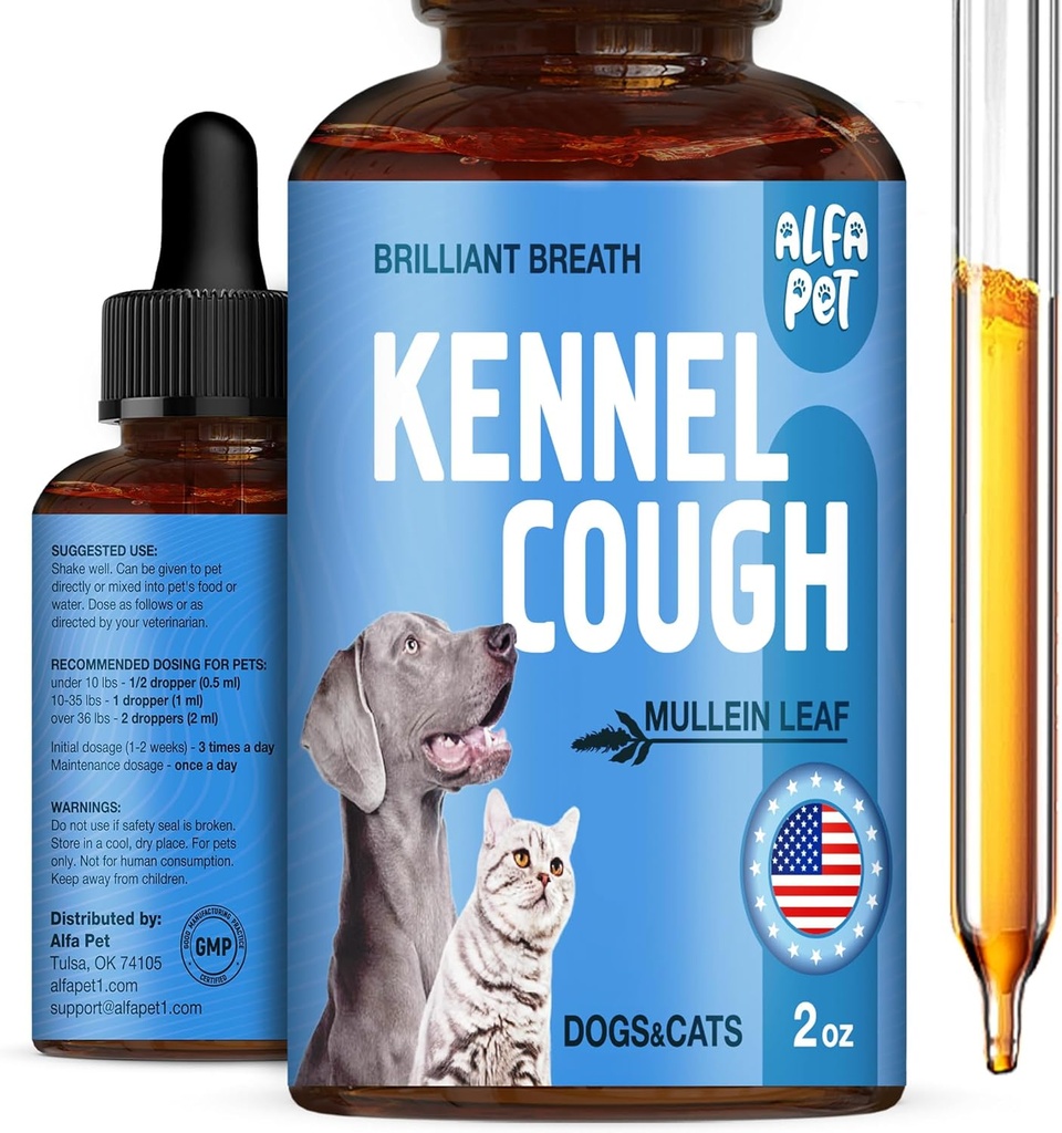Tratamento da tosse do cão líquido • Canil Cough para cães e gatos • para respirar durante todo o ciclo de vida • Raiz de Marshmallow + Folha de Mullein na composição • Suplemento natural para todas as raças • 2 Oz