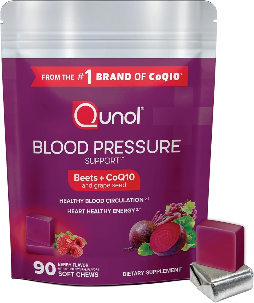 Qunol Beets mastiga para suporte à pressão arterial, 3 em 1 beterrabas + CoQ10 + Extrato de semente de uva, Suporta circulação de sangue saudável e energia saudável do coração, 90 mastigações