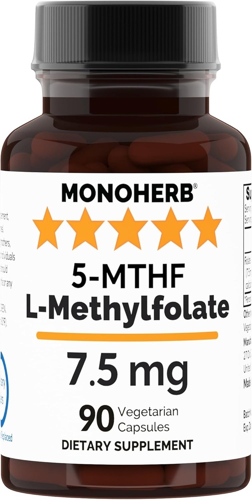 MONOHERB L-Metilfolato 7,5 mg - 90 Cápsulas Vegetarianas - Suplemento de Folato de Metilo