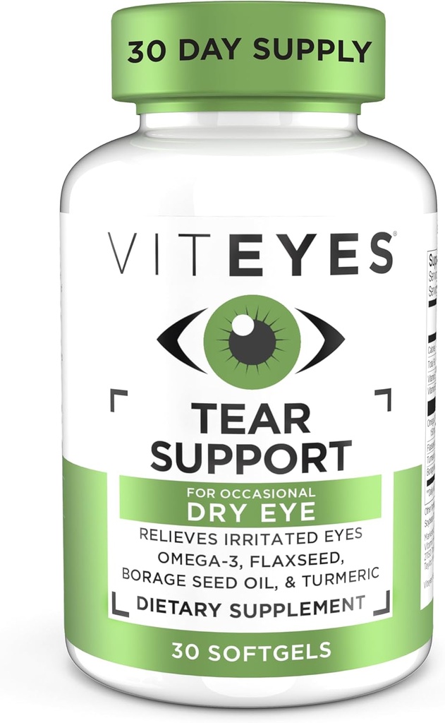 Viteyes Tear Support Eye Soothing Blend, Suplemento ocular seco ocasional, Sem gotas de olho, Alívio de vermelhidão, Vitamina ocular, Suporte de alergia para Itchy Eyes, Omega-3 Fish Oil, 30 Softgels