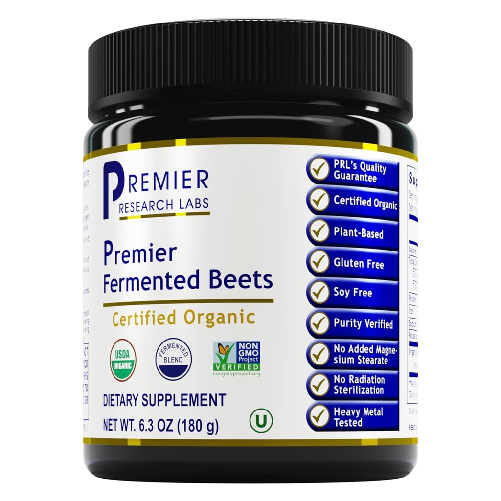 Premier Research Labs Premier Fermented Beets - Beterraba Raiz Pó Fermentado, Orgânico Fermentado Beterraba para Homens e Mulheres, Beterraba, Nitratos, Suporte à Pressão Arterial, USDA Organic - 6,3 Oz Jar