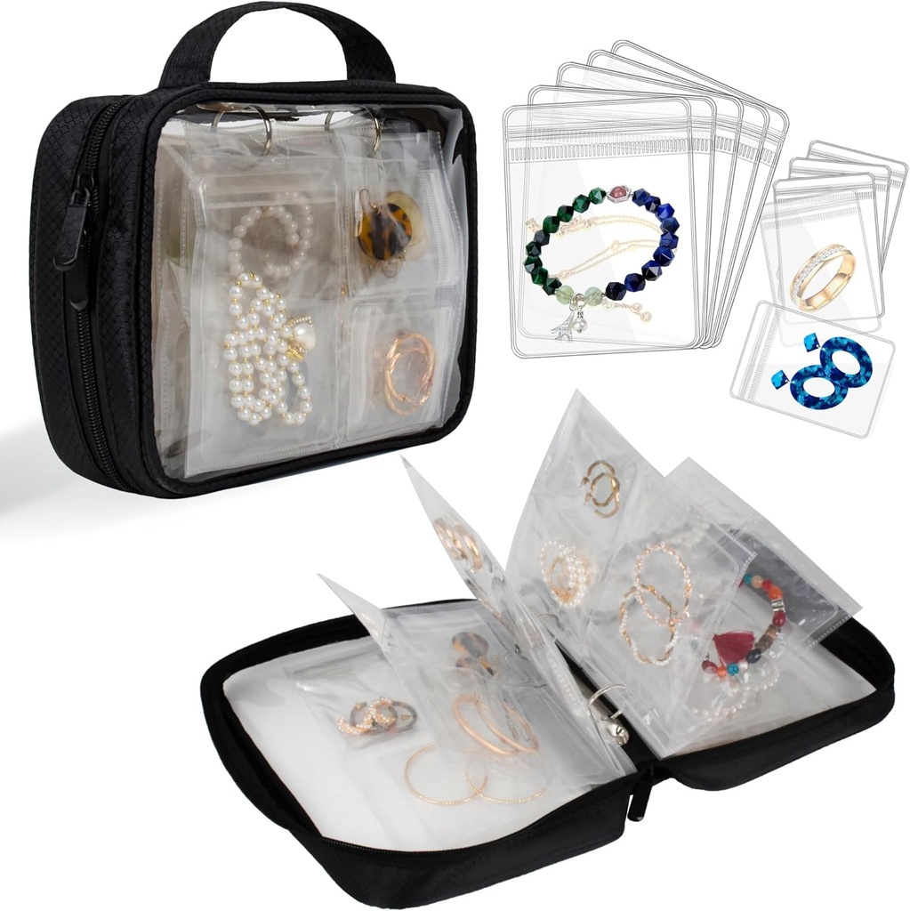 Travel Jewelry Organizer Caso Livro de armazenamento de jóias transparente Bolsa de Binder para brincos, Anéis, Colar, Pulseira, Preto