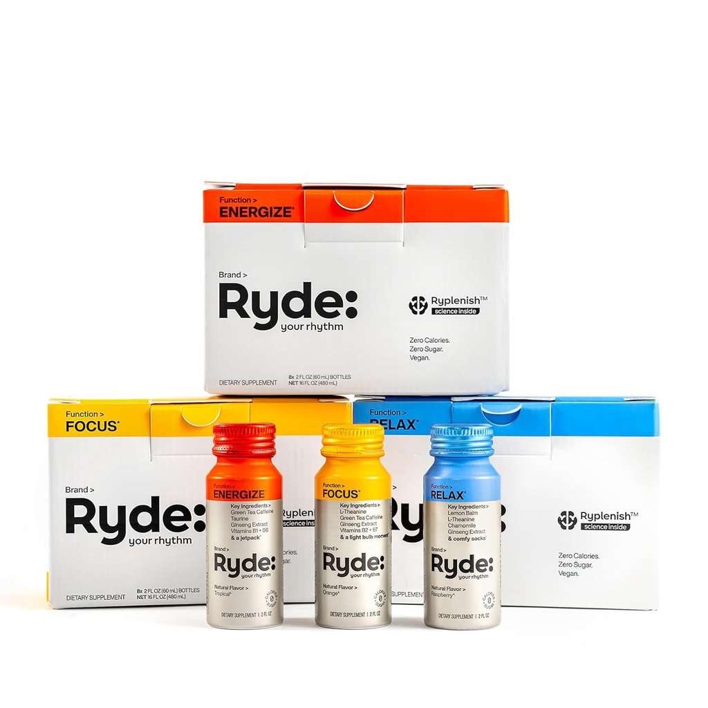Ryde: Discovery Pack □ Energizar, Foco e Relaxar Tiros □ Cafeína de chá verde, Taurine, Ginseng, B Vitaminas, L-Theanina, Limão Balm, Camomila □ 0 Calorias, 0 Açúcar □ Variety Pack – Experimente-los todos (24 Pack)