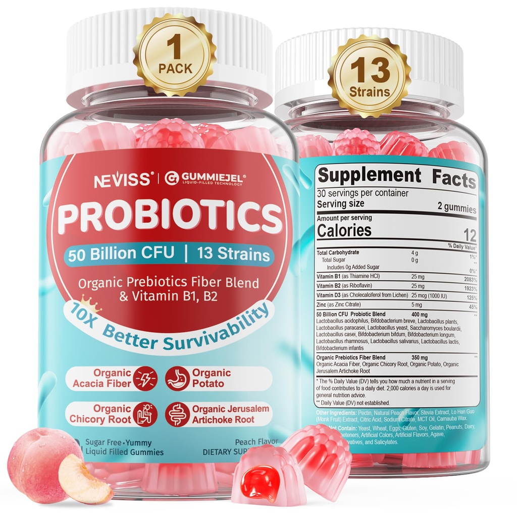 NEVISS Probiótico + gomas prebióticas para adultos e crianças 4+, mastigável sem açúcar 50 bilhões de UFC w/Fiber, Vitamina B1 B2 D3 & Zinco, para Digestive & Gut Health, Boost Microflora Diversity, 60 Cts