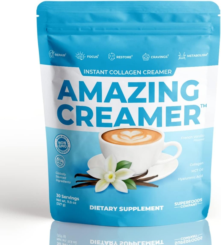 Superfoods Empresa Creamer incrível com colagénio - Keto Creamer-Hyaluronic Acid & MCT Oil - Brain Boost & Curbs Cravings - Suporta pele saudável & cabelo - Diet-Friendy [30 Servings] [Vanilla]