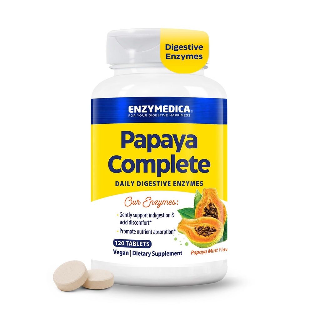 Enzimedica Papaya Enzimas Mastigáveis, Enzimas Digestivas para Mulheres e Homens, com suco de mamão orgânico e clorofila, Bromelaína de alta potência & Papain, Vegan, Sabor de hortelã, 120 Comprimidos