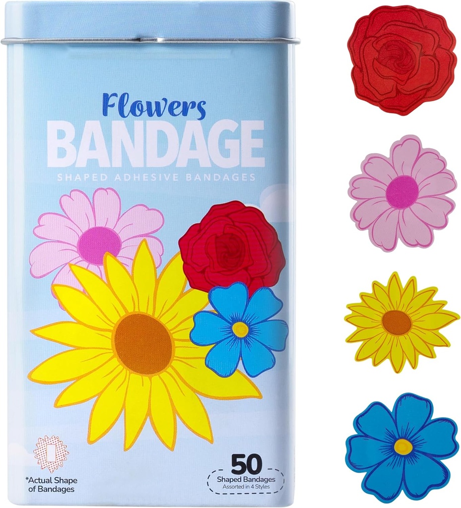 Bandagens BioSwiss Kids, Conjunto de bandagem autoadesiva em forma de flores, Látex livre, Cuidado estéril da ferida, 50 contagem