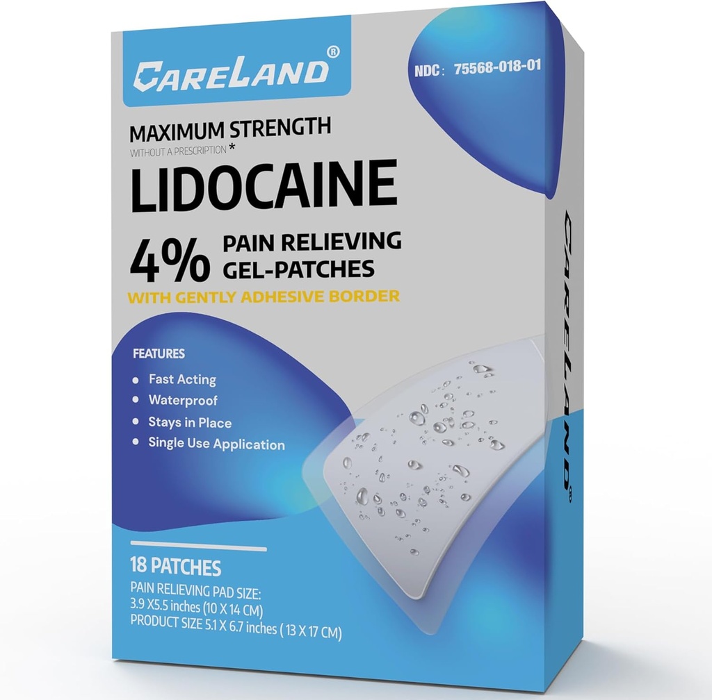 CARELAND 4% Lidocaína patches 18 Pcs à prova d'água máxima força Back Pain Alief Products Patches com borda forte adesivo, para Neck Knee Nerve Ombro alívio dor relaxamento muscular, super pegajoso